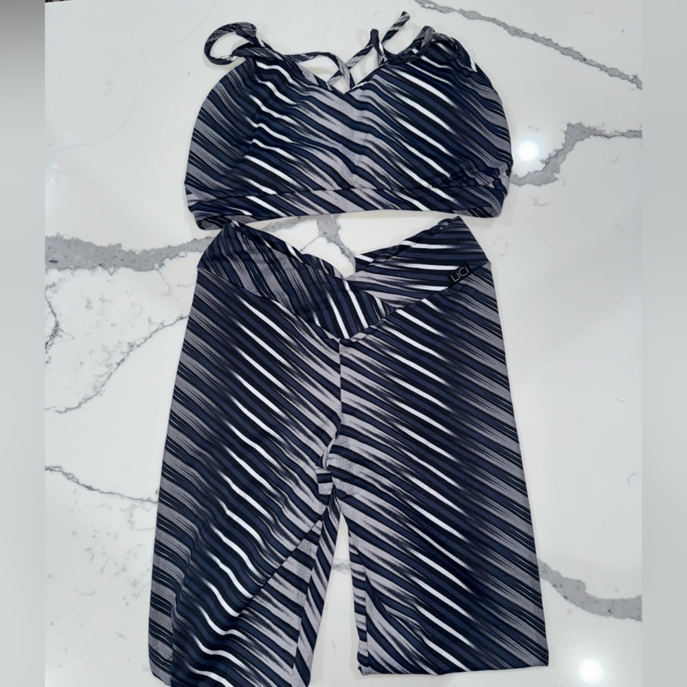 Striped Black, White, and Gray Workout Set